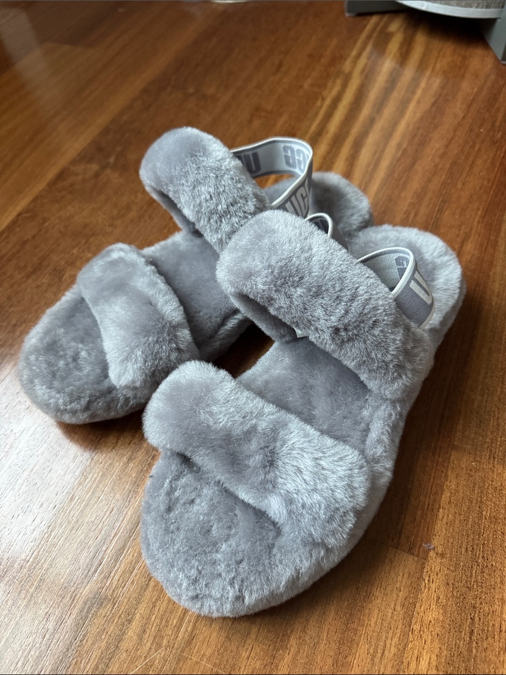 UGG Gray Plush Double-Band Slide Slippers with Branded Heel Strap